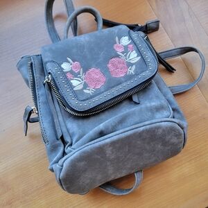 Mini Grey Backpack with Embroidered Roses - Great Condition!